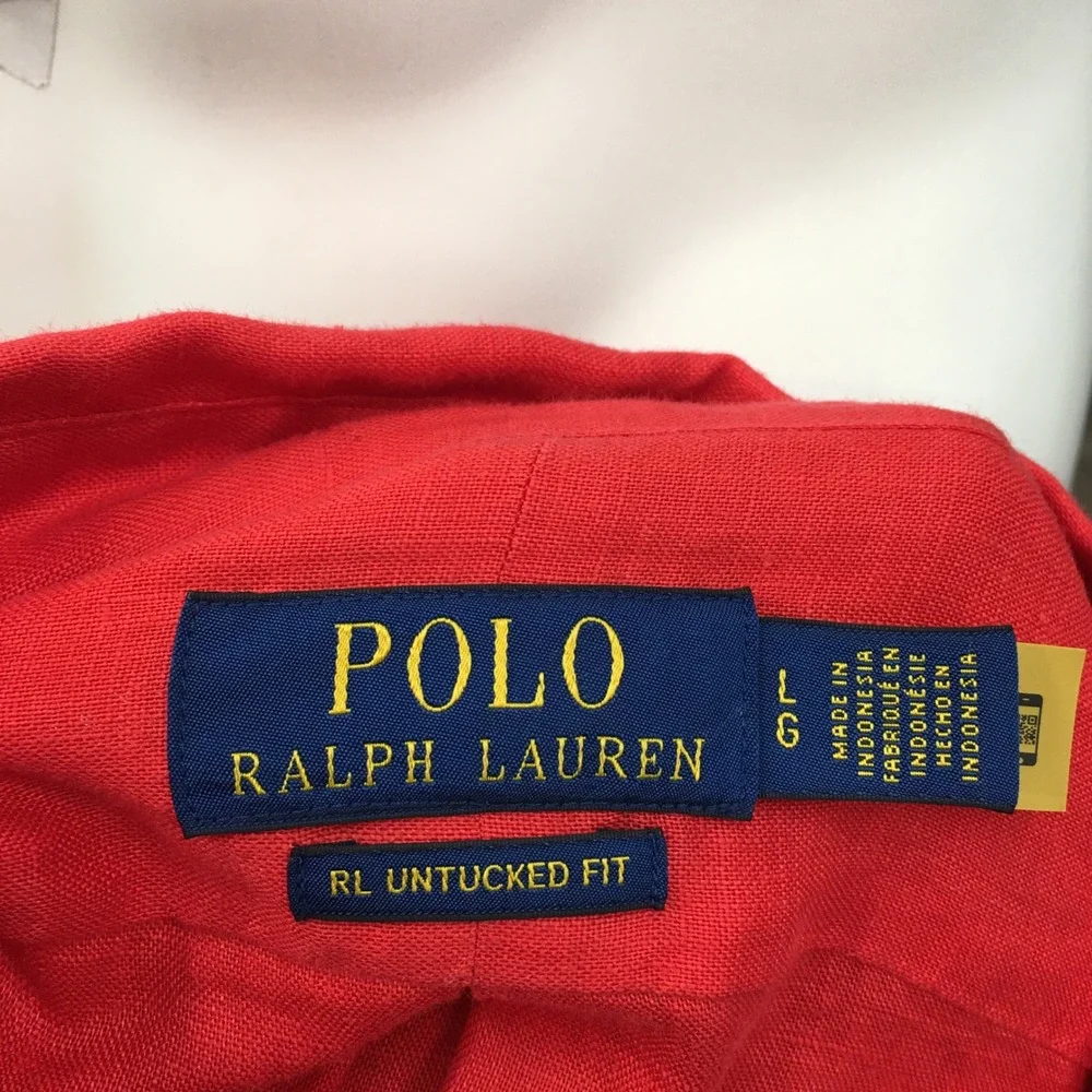 Polo Ralph Lauren Mens Red 100% Linen RL Untucked Fit Button Down Shirt Large